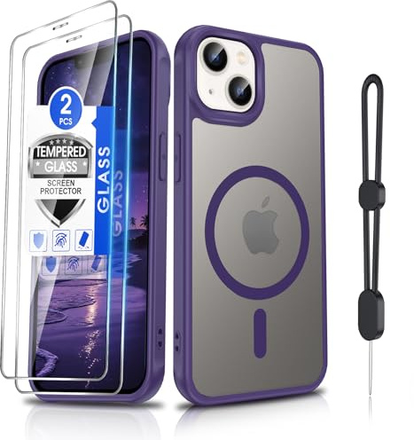 Dizn for iPhone 13/iPhone 14 Phone Case with 2 Screen Protector, Compatible with MagSafe Wireless Charging,Hand Wrist Strap, Matte Translucent Cover,Phone Cases for iPhone13/iPhone14,Purple