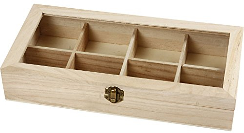 Teekiste, Sortierbox, Holzbox mit 8 Fächern und Glasdeckel, Holz unbehandelt