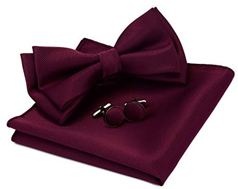 Gusleson Mens Solid Color Two Layer Pre-tied Bow Tie and Pocket Square Cufflink Set with Gift Box