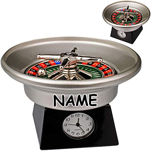 alles-meine.de GmbH kleine - Tischuhr/Miniatur - Uhr - Roulette - Spielkasino - inkl. Name - aus Metall - 8,5 cm - batteriebetrieben - Analog - Batterie - weiß - Silber - Zahle..