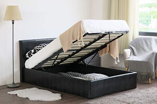 MODERNIQUE® Bilancio Ottoman Storage Black Faux_Leather Super King Sized (6FT) Bounce Sprung Slats Base, Gas Lift up End Up Fabric Covered Floor Massive Storage Bed (Black, Super King 6FT)