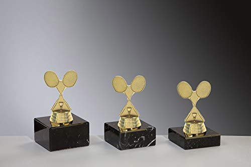 Henecka 🏸 Badminton-Pokal, Badminton-Trophäe, Badmintonschläger Gold, Marmorsockel schwarz, mit Wunschgravur, wählbar in 3 Größen oder als 3er-Serie (Sockel 65 x 20 mm)