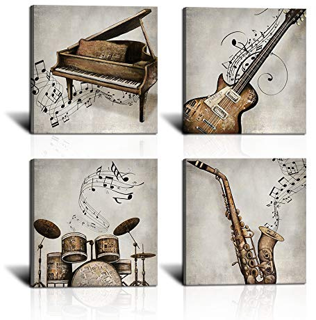 KLVOS 4 Panel Music Wall Art Guitar Piano Saxophone and Drum Set Canvas Prints Vintage Artwork Gift for Music Lover Fashion Music Room Wall Decor Modern Home decor Ready to Hang 12x12inchx4pcs