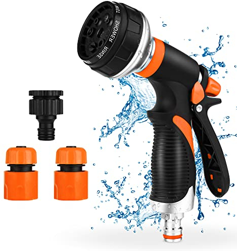 Garten Brause Metall, Gartenbrause Metall, Vivibel 8-Funktionen Gartenbrause Düse, Hochdruck Handsprüher Spritzpistole für Gartenschlauch, Bürgersteig Reinigung, Autowaschen, Haustier Baden Rot