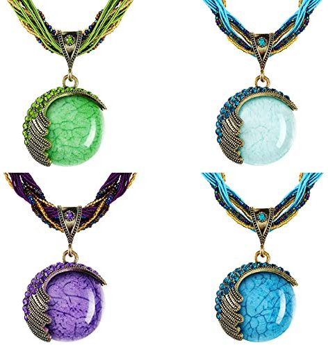 4 Pcs Bohemian Necklace for Women Turquoise Jewelry Necklace Statement Beaded Vintage Jewelry Rhinestone Long Necklace for Pendent Collar Necklace, rhinestone, braided rope and alloy, Rhinestone