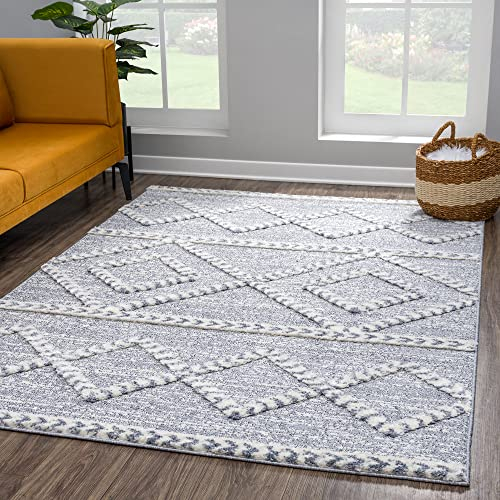 payé Teppich Wohnzimmer - Hochflor - Boho - Pastellgrau Creme - 80x150cm - Modern Raute Muster - Skandinavisch Flauschig Weich - Wohnteppich Schlafzimmer Dekoration