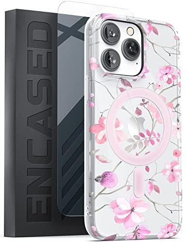 Encased Magnetic Case Designed for iPhone 14 Pro Max with Screen Protector - Compatible with MagSafe Phone Accessories (Pink Flowers)
