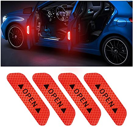 4PCS Reflective Open Warning Stickers for Car Door, Night Visibility Auto Safety Prompt Decals, 3.6 Inch Anti-Collision Protective Strip Tape, Car Accessories Universal for Truck, SUV, Van (Red)