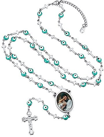 FindChic Kruzifix-Halskette für Herren mit Foto Anhänger, Katholischer Rosenkranz, Edelstahl, Personalisierte Kette mit Gravur, Silber