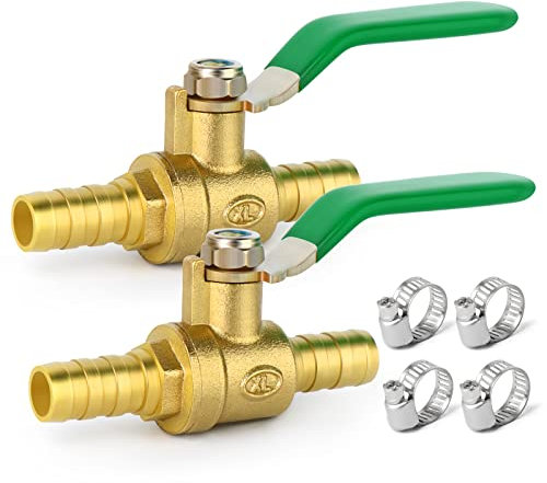 ERGAOBOY 2 Pcs 2 Way 10mm Straight Barb Shut Off Ball Valve, 10mm Hose Barb Switch Brass Ball Valve with 4 Clamps