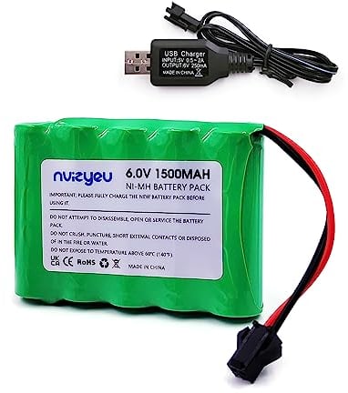 Nvizyeu batería de 6v, batería de níquel - hidrógeno 1500mah, batería Recargable AA, Enchufe SM 2p, para vehículos de Control Remoto, vehículos de Juguete eléctricos, con Cable de Carga USB
