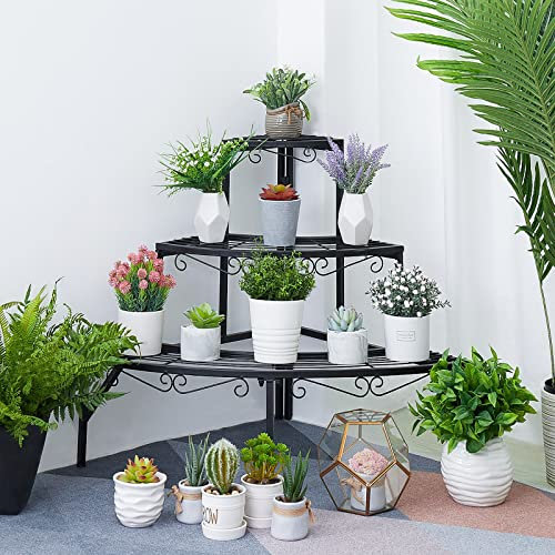 PRUJOY 3-stöckiger Eck-Pflanzenständer für den Außenbereich, Metallständer, viertelrundes Pflanzen-Eckregal, Pflanzgefäße, Ausstellungshalter, Orchideenregale