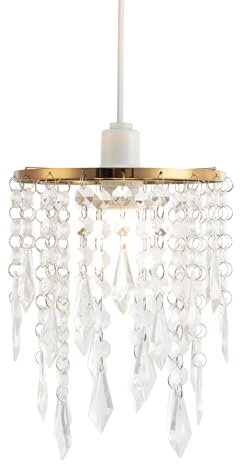 Modern Waterfall Design Easy Fit Pendant Shade with Clear Acrylic Droplets and Beads - Gold Metal Ring - 16cm Diameter by Happy Homewares