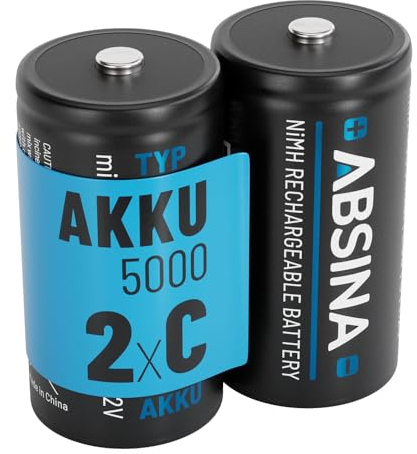ABSINA 2x Pile ricaricabili C Baby LR14 5000 con bassa autoscarica - Pile LR14 ricaricabili C NiMH con 1,2V & al menos 4500mAh - Pile type C, pile ricaricabili tipo C, pile R14 C, Pile C
