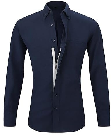 HAOLEI Dress Shirts for Men UK Clearance Long Sleeve Oxford Shirt Plain Formal Shirts Business Slim Fit Solid Color Dress Shirt Regular Fit Wedding Work Button Down Zip Shirt Navy