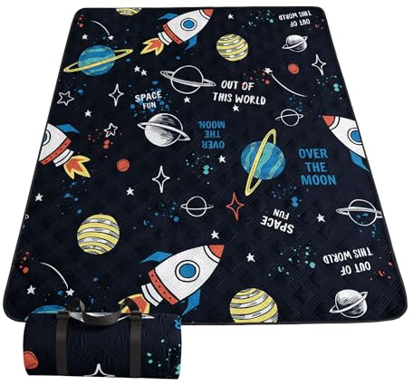HOSIMA wasserdichte Picknickdecke,Tragbare Ultraschall-Picknickmatte für den Außenbereich,Camping-Strandmatte mit Weltraumrakete-Aufdruck für Sand und Nasses Gras,Wandern (Weltraumrakete S)