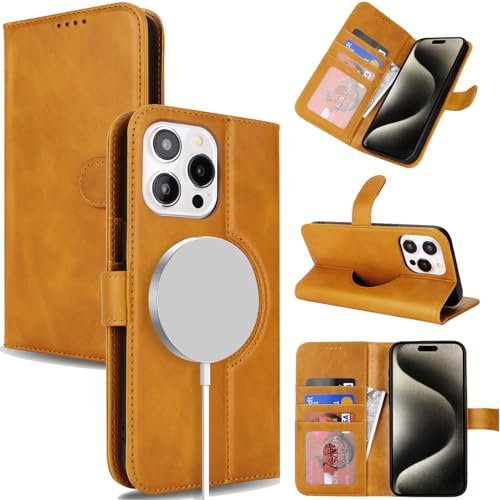 Zouzt Genuine Leather Wallet case for iPhone 15 Pro Max 6.7 Inch, Compatible with MagSafe Real Leather Flip Folio Book Protective Phone Cover Women Men for iPhone 15 Pro Max - Light Brown