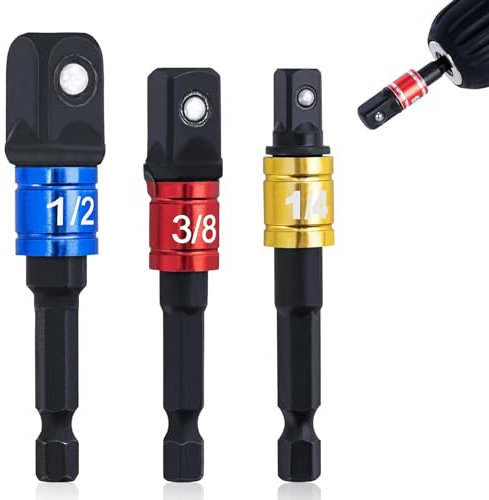 Impact Grade Socket Adapter, 3 Pcs Impact Grade Power Drill Sockets Extension Set Turns, 1/4, 3/8, and 1/2 Drive Power Drill Into High Speed Nut Driver Torque Impact Wrench