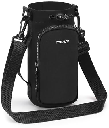 MOSISO Water Bottle Holder with Phone Pocket, 25oz / 32oz Water Bottle Carrier Bag with Adjustable Strap & Handle for Walking, Hiking, Camping, Travelling, Black