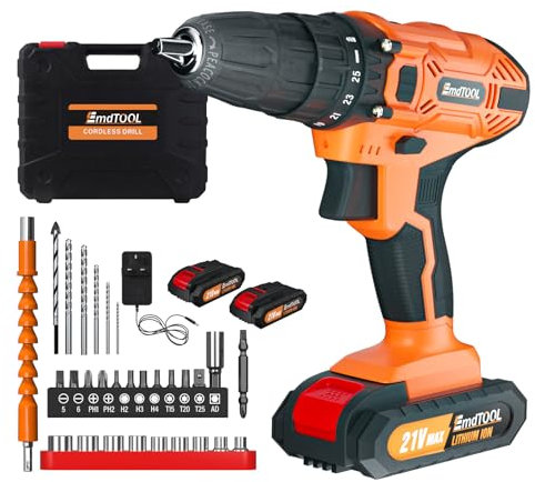 Cordless Driver, 21V Power Drill Set with 2 Batteries & Charger, 2 Variable Speed(0-400/0-1400rpm) Electric Screwdriver Drill, 25+1 Torque Setting, LED Work Light, Orange