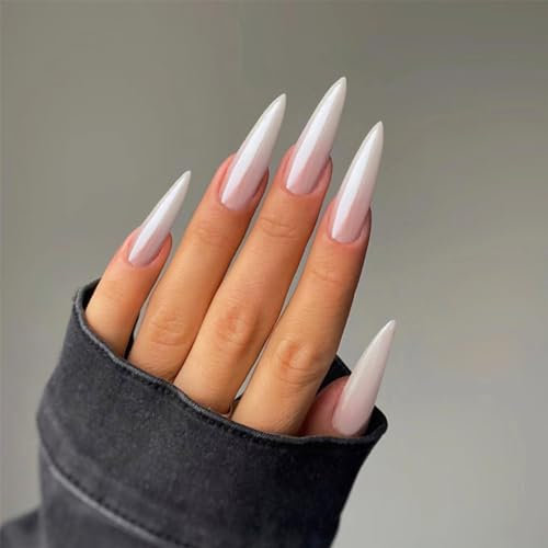 NICENEEDED 24 Pcs White Press on Nails, Long Stiletto Fake Nails, Solid Color Acrylic False Nails Almond Glossy Artificial Nails Full Cover Stick on Nails for Women Halloween