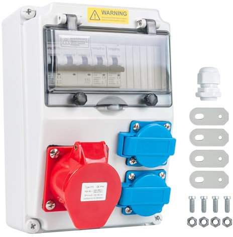 WSPIHO Baustromverteiler 16A mit Leitungsschutzschalter,Wandverteiler mit CEE Steckdose 16A,Starkstrom Verteiler Wasserdicht Außen(2x16A 1P LS+32A 3P LS)