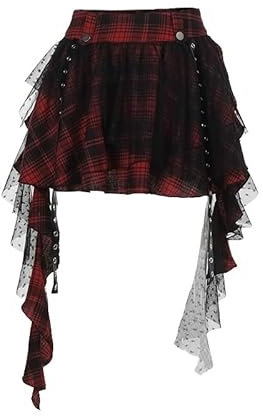 YINGWIN Mini jupe taille haute plissée à volants asymétrique jupe courte en maille à pois jupe trapèze rouge à carreaux, Rouge, M