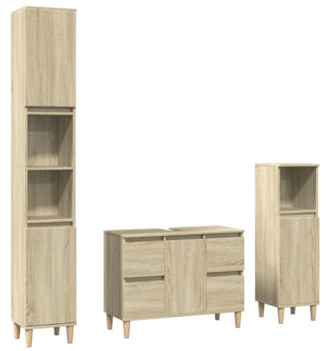 Willood 3-TLG. Badmöbel Set Badezimmerschrank Badezimmermöbel Holzfüße Sonoma-Eiche Holzwerkstoff