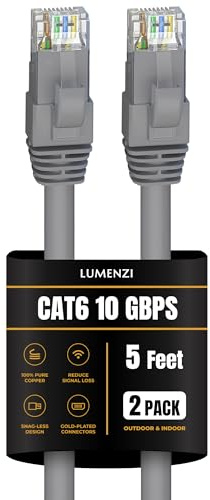 Lumenzi Cat 6 Ethernet Cable 5 FT in Grey 2 Pack 10 Gbps Speed Network Round Rj45 Outdoor Indoor Direct Burial Bare Copper LAN Patch Cable for Router Gaming PS5 Xbox Printer Computer CCTV Switch