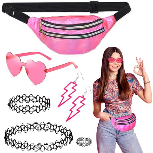 6 Stück 80er Jahre Accessoires Outfit Damen,80er 90er Jahre Kostüm Kleidung Accessoires mit Bauchtasche,Brillen,Halskette,Armbänder,Ohrring,Ring,Neon 80 Jahre Party Outfit Damen fur Karneval (Rosa)