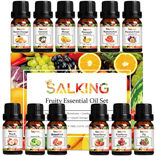 SALKING Set di Oli Essenziali per Diffusori 12 x10ml, 100% Puro Mirtillo rosso, Pesca, Fragola, Anguria, Fico, Cocco, Pompelmo, Lime, Ananas, Mango, Arancia dolce, Frutto della passione