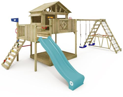WICKEY Spielturm Klettergerüst Smart Fjord mit Schaukel & Rutsche, Outdoor Kinder Kletterturm mit Sandkasten, Leiter & Spiel-Zubehör für den Garten (Türkis)
