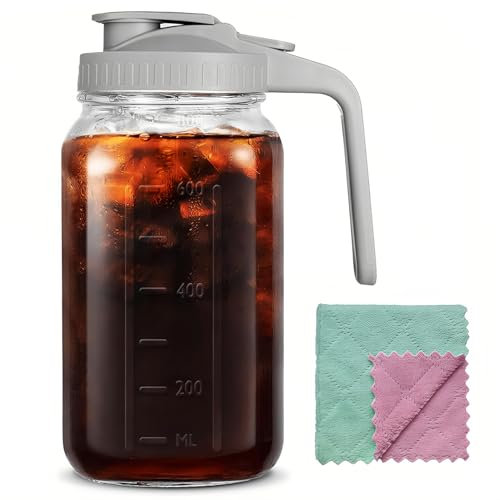 64oz Glass Pitcher Carafes With Handle and Lid, 2 Quart Mason Jar, Large Water Jug, Glass Containers for Fridge, Water Pitcher for Juice, Iced & Sun Tea, Cold Brew Coffee, Homemade Beverage