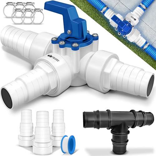 tillvex® Bypass Kit Piscine 12 pièces – Ø 32 & 38 mm Raccordement | Valve 3 Voies & Adaptateur ABS | avec 6 Colliers de Serrage en Acier Inoxydable & 8 m de Ruban Isolant