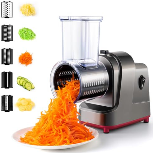 5 en 1 Râpe a Légumes Électrique, Coupe-légumes électrique 250W, Hachoir Électrique & Trancheuse de Légumes & Râpe à Fromage, pour Fromage, Carottes, Pommes de Terre, Concombres