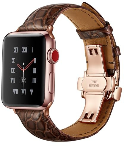 Compatibile con Apple Watch Band da 49 mm, 46 mm, 45 mm, 44 mm, 42 mm, 41 mm, 40 mm, 38 mm, chiusura in pelle di alligatore per iWatch Ultra 1 2 Series 10 9 8 7 6 5 SE 4 3 2 1 (marrone/oro rosa, 49 mm