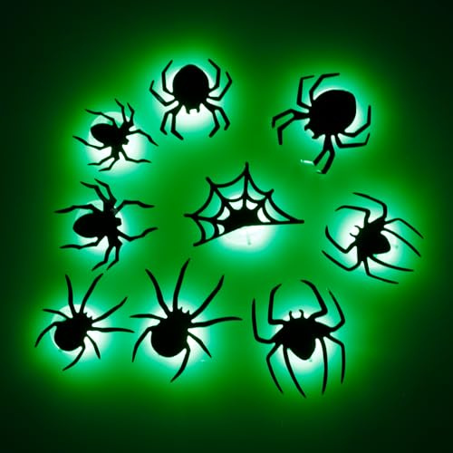 Led Halloween Deko Spinnen Sticker, 9 Stk Grün LED Lichter 3D Spinnen Deko, Halloween Dekoration Spinne Wandaufkleber mit 9 Verschiedenen Größen, Helloween Horror Deko Spider Aufkleber für Tür Fenster