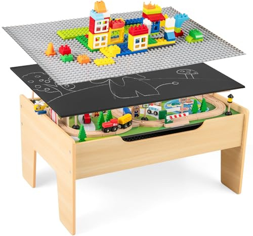 GOPLUS Spieltisch mit 78 Spielzeugteile, Kinder Eisenbahn Set mit wendbarer Tischplatte, Bauplatten, Gleisen, Autos, Kinderaktivitätstisch aus Holz mit Stauraum, für Kinder ab 3 Jahren