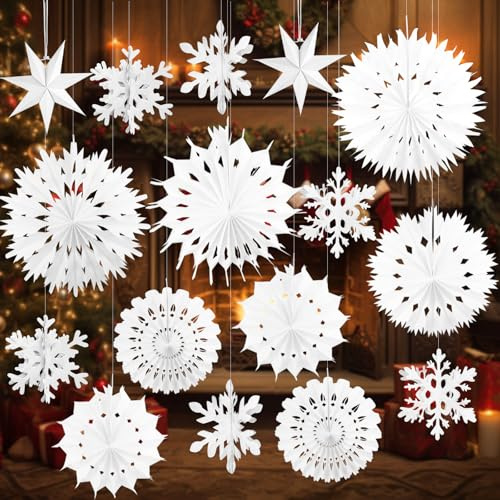 Paper Christmas Decorations, 16PCS Paper Snowflakes Hanging Decoration Snowflakes Fans Star Hanging Ceiling Christmas Decor for Winter Home Xmas Wedding Decor