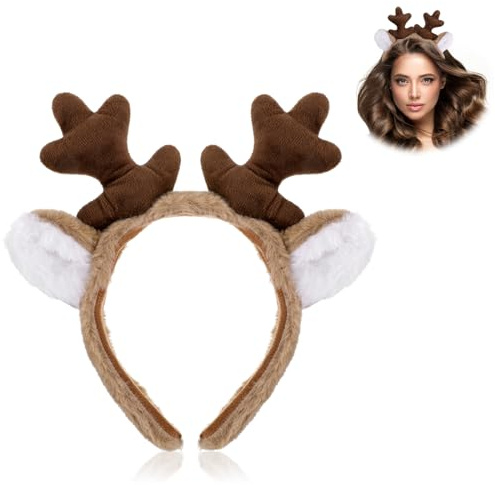 WLLHYF Rentier Haarreif Geweih Stirnband Flauschiger Haarschmuck,für Partys | mit Hirschohren, Cosplay, Kostüme Zubehör, Weihnachten, und Halloween