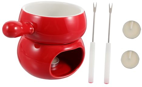 TOPBATHY Keramik Käsefondue Topf mit Teelicht Rot Inkl Fonduegabeln Multifunktional für Schokolade Butter und Käse für Küche und Geselligkeit