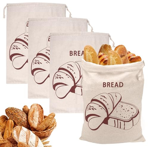 4 Stück Leinen Brotbeutel 30x40cm, Beige Brottasche für Brotaufbewahrung | Wiederverwendbare Brotbeutel Leinen Ungebleicht, Brotsack zum Frischhalten,Brötchenbeutel mit Kordelzug,Leinenbeutel für Brot