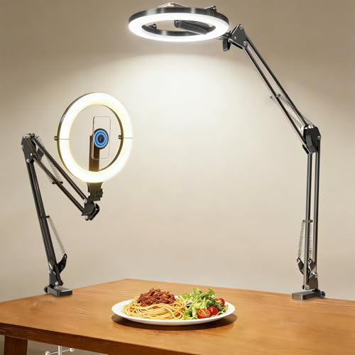 Magnetischen Overhead Stativ Handy mit Ringlicht, 10” LED Stativ für Smartphone mit Ring Light, 5000 mAh, 3 Lichtfarben&10 Helligkeiten 360° Drehbar, für Videoaufnahmen, Content Creator Equipment