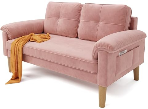 Xbro Sofa 2 Sitzer, Kleine Couch 2 Sitzer mit Armlehne und Seitentasche, Modernes Stoffcouch für Wohnzimmer,Wohnung,Büro,Einfache Montage, 144 x 77 x 77 cm, Rosa