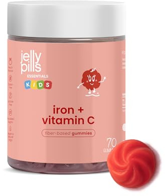Jelly Pills Kids Iron Gummies 14 mg with Vitamin C 15 mg – 60 Vegan Gummies – No Added Sugar – Peach – Cognitive Development – 2 Month Supply