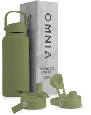 OMNIA NUTRIENTS Vacuum Insulated Stainless Steel Water Bottle, 2 Lids (Straw & Spout) Leakproof, BPA-Free, Reusable Flask Ideal for Travel and Outdoors (Olive Green - 1000 ml)