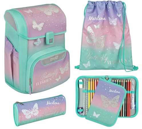 Undercover Schulranzen Set 5-TLG. Mädchen 1. Klasse, Mit personalisiertem Zubehör Turnbeutel Federmappe für Grundschule, Schultasche Schmetterling Butterfly Wishes