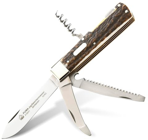 PUMA - Jagdtaschenmesser 4-teilig - 88mm Klinge aus deutschem Stahl (1.4110, 55-57 HRC) - Mit Aufbrechklinge, Säge & Korkenzieher - Hirschhornschalen - Handgefertigt in Solingen (Art.Nr.: 210311)