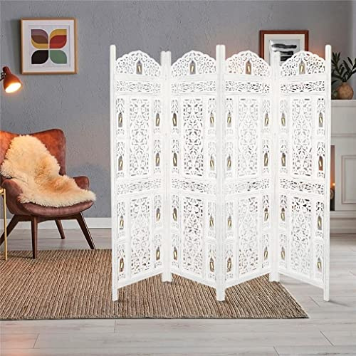 Topfurnishing 4 Panel Room Divider Free Standing Mango Wood Hand Carved Folding Screen Partition Privacy Screen Decorative Headboard (Bells Design, White, 200 x 180 cm)