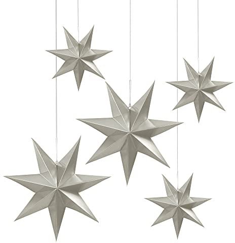 Frau WunderVoll® liebevolle Faltsterne Silber matt 5 Stück: 3 Stück Durchmesser 25 cm + 2 Stück Durchmesser 40 cm 7 Zacken geschlossene Oberfläche Feste Pappe